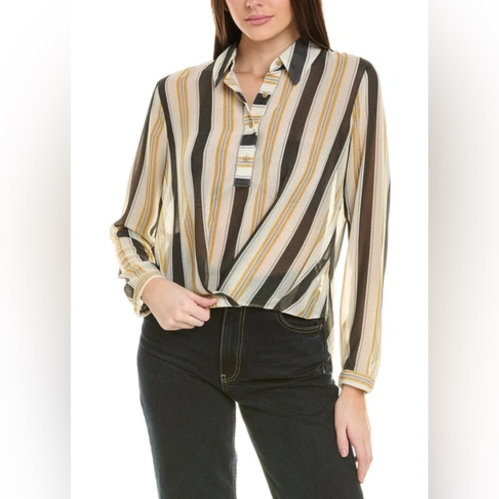 CABI CALIBER Ivory Gold + Charcoal Stripe Chiffon Twisted Front Top #4339 Small